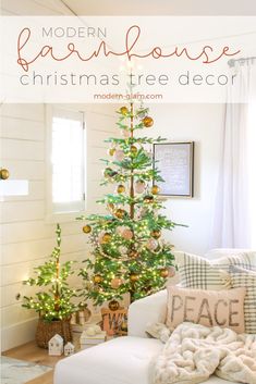 the modern farmhouse christmas tree decor is displayed in front of a white couch with gold ornaments on it