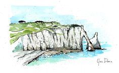 an ink drawing of the cliffs at durdley head, islets and houses