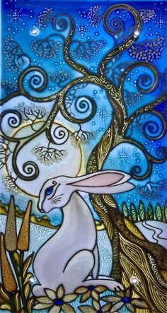 a painting of a white rabbit sitting under a tree with swirls on it's head