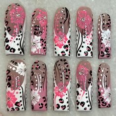 handmade hibiscus and leopard print nail set <3 length in photo is XL shape is square Y2k Nail Designs Simple, Xl Junk Nails, Oddity Nails, 2000s Christmas Nails, Paul Frank Nails, Maximalist Nails Square, Spring Summer Nails, Hime Gyaru Nails