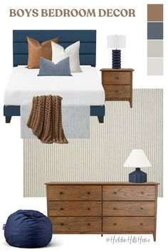 a blue and white bedroom with brown accents