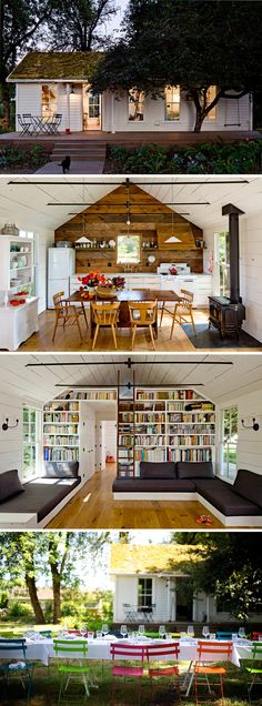 the inside and outside of a house with bookshelves, couches, tables and chairs