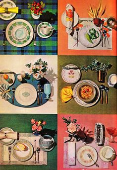 four pictures of different plates and dishes on a table with flowers in vases,