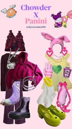 several different types of clothing and accessories are shown in this image with the words chowder x pami above them