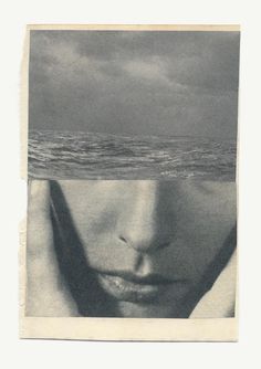 a woman's face is shown in the middle of an image with water and clouds behind her