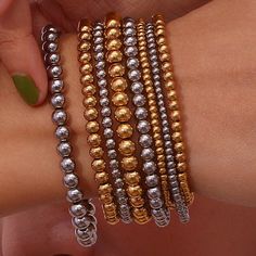 Material: Stainless Steel Fashion Element: Round Style: Fashion OL Elastic Bead Bracelet, Vintage Accessories Jewelry, Retro Bracelet, Gold Armband, Gold Bead Bracelets, Stainless Steel Plate, Elastic Bracelet, Gold Plated Bracelets, Hand Jewelry