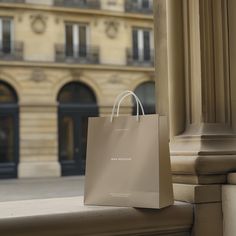 a shopping bag sitting on the ledge of a building