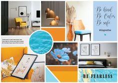 a collage of different pictures with blue and yellow accents in the background, including an orange chair