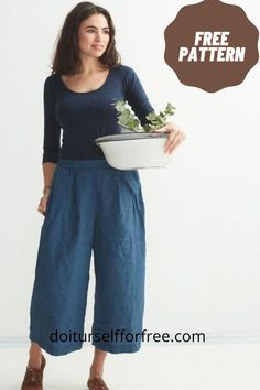 a woman holding a bowl with plants in it and the words free pattern above her