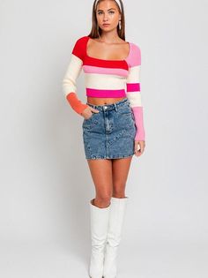 Add a touch of attitude to your wardrobe with our Pink Attitude Long Sleeve Color Stripe Stripe Knit Top! Made from soft knit fabric, this top boasts a modern color block design with contrasting stripes for a chic and trendy look. Color: Pink Attitude Fabric: 55% Rayon, 45% Nylon Includes: x1 Top Sizes: XS-L, Regular Sizing Length: 16" - 17.5" Model is 5'8" and wearing a size small (32-24-34) Trendy Spring Tops With Color Matching, Fitted Knit Color Block Tops, Fitted Multicolor Contrast Top, Fitted Multicolor Contrast Color Top, Trendy Striped Stretch Sweater, Trendy Striped Cropped Sweater, Chic Knit Color Block Tops, Chic Knit Top With Color Block, Trendy Fitted Tops With Contrast Stripes