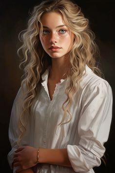 a painting of a woman with long blonde hair wearing a white shirt and holding her arms crossed