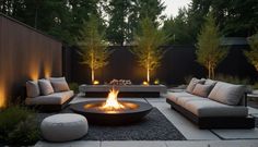 an outdoor fire pit surrounded by furniture and trees