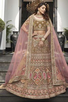 Exclusive Khaki Color Charming Velvet Fabric Function Wear Lehenga With Embroidered Work Anarkali Lehenga Gowns, Gharara Suits, Velvet Embroidery, Anarkali Lehenga, Dress Pant Suit, Brown Velvet, Wedding Lehenga, Anarkali Suit, Abaya Fashion