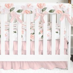 Watercolor Floral Pink Ruffled Crib Bedding Crib Bedding Modified Tot Nursery Wallpaper Floral, Pink Baby Girl Nursery, Pink Crib Sheets, Watercolor Floral Nursery, Ruffle Crib Skirt, Floral Wallpaper Nursery, Floral Crib Bedding, Floral Crib Sheet, Watercolor Floral Wallpaper