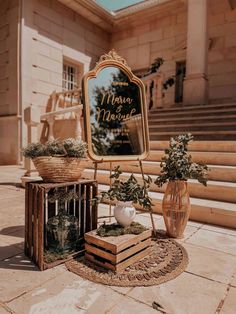 there is a mirror and some plants on the ground in front of a building with stairs