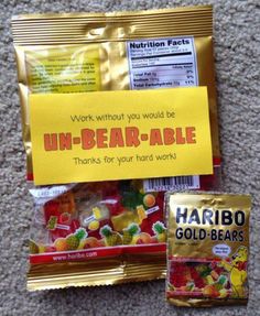 a bag of un - bear able candy next to a packet of gold bears