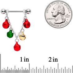 14 Gauge 11/16 Red Green Bell Christmas Chain Dangle Nipple Ring Set Let the holiday spirit ring you like a bell with this 14 gauge nipple jewelry. It's made with 18mm durable 316L surgical grade stainless steel straight barbells with 5mm ball ends. Each one features a chain that supports dangling holiday bells in red, green, and yellow. They don't actually jingle so you get the festive look with no distracting noise every time you move. You'll want to rock these jingle-style bells all winter lo Christmas Belly Button Rings, Christmas Chain, Quarter Dollar, Festive Look, Christmas Bells, Holiday Spirit, Ring Set, Ring Sets, Red Green