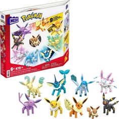 the pokemon figurines are in front of an open box with each figure on it