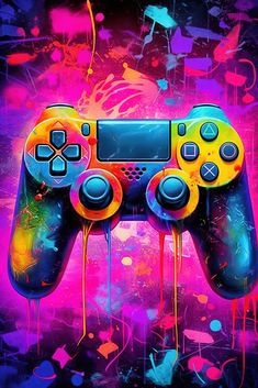 a painting of a video game controller with paint splatters all over the surface