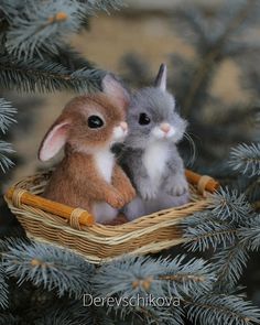 two stuffed rabbits sitting in a basket on top of a christmas tree next to each other