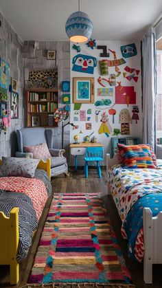 a bedroom with two beds and colorful rugs on the floor