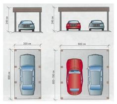 four cars are parked in three different spaces, one is red and the other is blue