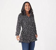 This printed peplum shirt is stretchy and chic -- just how we like our everyday tops, thank you very much. From Susan Graver. Fall Peplum Top For Workwear, Fall Workwear Peplum Top, Fall Season Peplum Top For Workwear, Fall Peplum Top For Work, Stretch Floral Print Tops For Work, Floral Print Stretch Tops For Work, Casual Peplum Blouse For Fall, Casual Peplum Top, Spring Casual Stretch Peplum Top