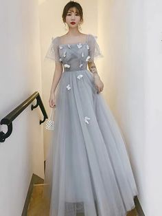 Gray Prom Dress, Prom Dress Fairy, Princess Party Dress, Grey Prom Dress, Butterfly Applique, Chic Birthday, Dress Fairy, Birthday Dress, Party Dress Long