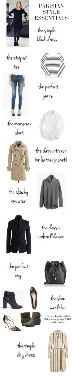 Parisian Style Essentials - Classic key pieces all women should have in their wardrobes. Wardrobe Capsule Fall, French Style Clothing, Parisian Wardrobe, Style Essentials, Wardrobe Capsule, Simple Black Dress, Chique Outfits