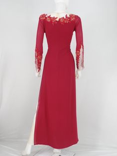 Red Ao Dai Crystal Vietnamese Long Dress / Áo Dài Đỏ Đính Cườm Red Long Sleeve Banquet Dress, Festive Red Long Sleeve Maxi Dress, Red Long Dresses For Banquet, Traditional Red Evening Dress, Long Festive Dress For Banquet, Long Festive Banquet Dress, Red Long Gown For Evening, Red Long Evening Gown, Festive Red Dress For Banquet