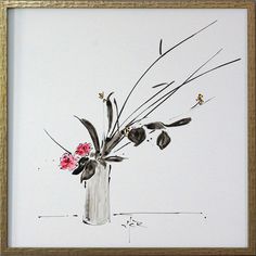 a painting of flowers in a vase on a white background with gold framed art frame