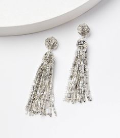 Beaded Tassel Earrings Silver Tassel Earrings For Evening, Silver Tassel Earrings With Latkans For Party, Dangle Tassel Earrings For Evening, Silver Beaded Tassel Earrings, Silver Beaded Fringe Dangle Tassel Earrings, Silver Beaded Fringe Tassel Drop Earrings, Silver Dangle Tassel Earrings With Beaded Fringe, Promo Gifts, Beaded Tassel Earrings