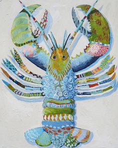 a painting of a colorful lobster on a white background with blue, green and yellow colors