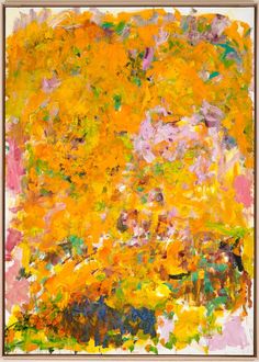 an abstract painting with yellow and pink colors