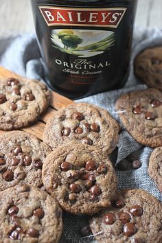 chocolate chip cookies and a bottle of bailey's