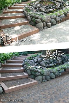 before and after photos of landscaping with stone steps