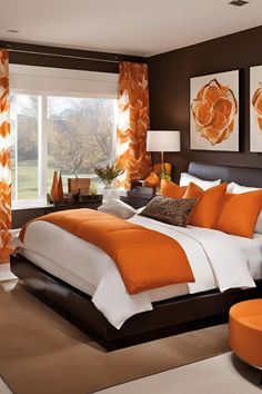 an orange and white bedroom with large windows