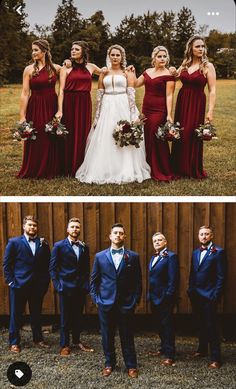 the bride and groomsmid are posing for pictures in their red dresses, blue suits, and brown shoes