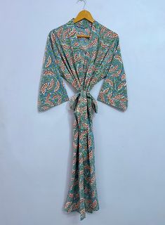 Cotton Kimono Robes Are Perfect For Lounging Around The Home Or Spa. Use Our Block Print Robe As A Cover Up On The Beach Or After A Dip In The Pool. Add A Luxe, Boho Feel To Your Bridal Shower. Versatile, Soft And Luxurious, Our 100% Cotton Kimono Robes Are Printed With Azo-Free Dyes. Cotton Kimono Made From Hand Block Printed Fabric. It Is Hand Printed Fabric Using Natural Dyes. Item - Indian Handmade Women Bathrobe Kimono Dress, Gown, Beach Cover Up, Kimono, Bathrobe. Material - 100% Cotton Fa Cotton Wrap Beach Dress, Cotton Wrap Dress For Beach, Cotton Wrap Dress For The Beach, Green V-neck Sleepwear For Vacation, Fitted Long Sleepwear For Summer, Fitted Long Green Kimono, Fitted Summer Beach Robe, Fitted Summer Robe For The Beach, Fitted Multicolor Sleepwear For Vacation