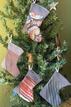 stockings hanging from a christmas tree decorated with ornaments