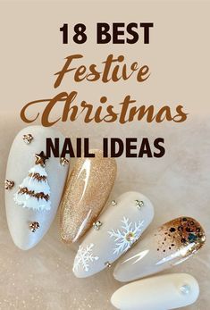 Ladies Nails Design, Mid Length Christmas Nails, White Gold Holiday Nails, Gold Snowflakes Nails, Gold Christmas Tree Nail Art, Retro Holiday Nails, Cream Christmas Nails, Best Christmas Nail Designs, Nail Xmas Designs