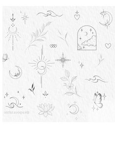 the back side of a white sheet with tattoos on it and flowers, stars, moon, and hearts