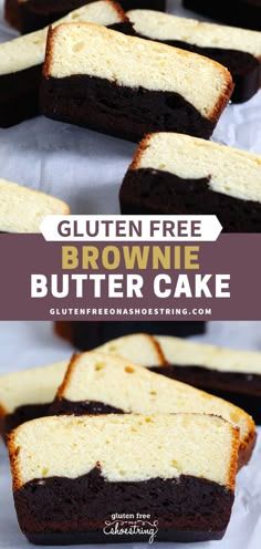 gluten free brownie butter cake is cut in half and stacked on top of each other