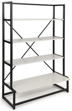 a black and white shelving unit with four shelves