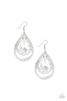 A dramatically oversized white teardrop gem is pressed into a doubled silver frame encrusted in countless white rhinestones for a blinding look. Earring attaches to a standard fishhook fitting.Sold as one pair of earrings. Paparazzi Accessories Jewelry, Teardrop Diamond, Pink Jewels, Paparazzi Accessories, White Necklace, White Rhinestone, Paparazzi Jewelry, White Earrings, Stunning Earrings