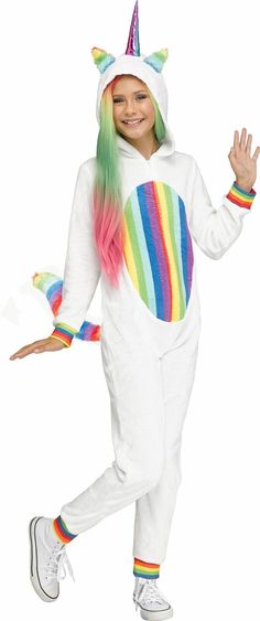 Rainbow Unicorn Child Girls Costume NEW Hooded Jumpsuit Rainbow Unicorn Child Girls Costume NEW Hooded Jumpsuit Up for sale is the child costume Rainbow Unicorn. The costume is available in the following sizes when in stock:a USA Size Medium (8-10), a USA Size Large (12-14), and a USA Size XL (14-16). The costume includes the hooded jumpsuit with front zipper and tail.  Shoes and wig are NOT included. It is new in the package. Costume Rainbow, Magical Halloween, Hooded Jumpsuit, Wonderland Costumes, Unicorn Costume, Fun World, Theatre Costumes, Girl Rainbow, Tag Sale