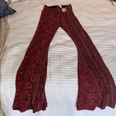 Never Worn! Very Soft, High Waist. Bohemian Pants For Party In Fall, Bohemian Pants For Fall Party, Fitted Bohemian Bottoms For Party, Stretch Burgundy Pants For Party, Bohemian Fitted Pants For Party, Burgundy Wide Leg Pants For Party, Fitted Burgundy Bottoms For Party, Stretch Red Bottoms For Festival, Red Stretch Pants For Festivals