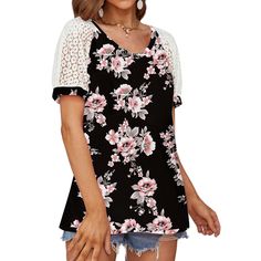 Black Floral Print Spliced Lace Sleeve V Neck Tops Summer Blouse With Splicing, Casual Summer Blouse With Splicing, Casual Summer Blouse With Splicing Detail, Casual Blouse With Splicing For Summer, Black Patchwork Top For Spring, Spring Blouse With Splicing Detail, Black Lace Patchwork Tops For Summer, Casual Black Blouse With Splicing, Casual Tops With Contrast Lace For Spring