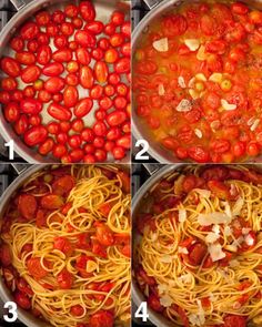 four pictures showing how to make spaghetti with tomatoes