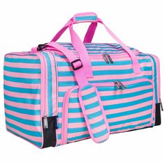 a pink and blue striped duffel bag with straps on the bottom, side view